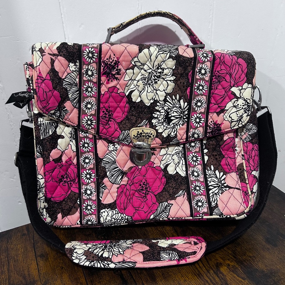 Vera Bradley Mocha rouge Quilted Laptop Messenger Bag Floral Crossbody Briefcase